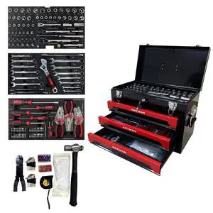 439-Piece Mechanic Tool Set in Heavy-Duty 3-Drawer Steel Box with 4-Tier Socket, Wrenches & Pliers. Portable Household Tool Kit Organizer Case for Auto Repair, Garage, Workshop. Red 439-Piece Mechanic Tool Set in Heavy-Duty 3-Drawer Steel Box with 4-Tier Socket, Wrenches & Pliers. Portable Household Tool Kit Organizer Case for Auto Repair, Garage, Workshop. Red