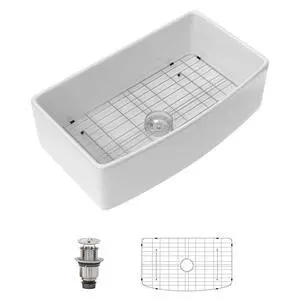 33 Inch Curved Farmhouse Sink, White Fireclay Apron Front Sink, Single Bowl Ceramic Farm Kitchen Sink with Smooth Arc Edge, 33"x19"x10" #DC-A8875 33 Inch Curved Farmhouse Sink, White Fireclay Apron Front Sink, Single Bowl Ceramic Farm Kitchen Sink with Smooth Arc Edge, 33"x19"x10" #DC-A8875