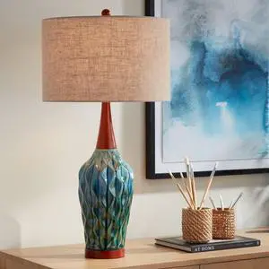 Rocco Mid Century Modern Table Lamp 30" Tall Ceramic Blue Teal Glaze Wood Handmade Linen Drum Shade Cottage Core Decor for Living Room Bedroom House Bedside Home (Colors May Vary) Rocco Mid Century Modern Table Lamp 30" Tall Ceramic Blue Teal Glaze Wood Handmade Linen Drum Shade Cottage Core Decor for Living Room Bedroom House Bedside Home (Colors May Vary)