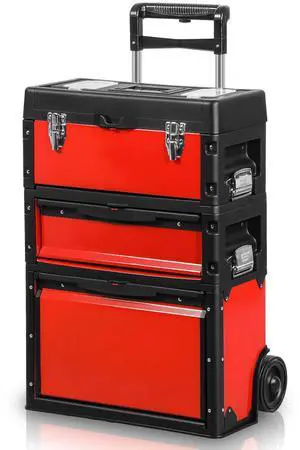 Stackable Tool Box 3-Tier Tool Separate Organizer Rolling Tool Chest with Wheels 3-in-1 Upright Trolley for Garage or Workshop, Red Stackable Tool Box 3-Tier Tool Separate Organizer Rolling Tool Chest with Wheels 3-in-1 Upright Trolley for Garage or Workshop, Red