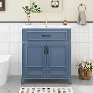 30 Inch Blue Bathroom Vanity with Sink,Retro Bathroom Vanity with Integrated Countertop,Tip-Out Tray & Hidden Sliding Drawer,2 Shelves,Soft Closing Doors with Black Handles,Solid Wood Frame 30 Inch Blue Bathroom Vanity with Sink,Retro Bathroom Vanity with Integrated Countertop,Tip-Out Tray & Hidden Sliding Drawer,2 Shelves,Soft Closing Doors with Black Handles,Solid Wood Frame