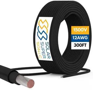 1500V High-Voltage PV Wire - 300FT - 8AWG / 10AWG / 12AWG - Outdoor Waterproof UV Resistant - Tinned Copper Cable for Solar Panel Extension & Solar Wire Systemes - Black and Red (Black, 12 AWG) 1500V High-Voltage PV Wire - 300FT - 8AWG / 10AWG / 12AWG - Outdoor Waterproof UV Resistant - Tinned Copper Cable for Solar Panel Extension & Solar Wire Systemes - Black and Red (Black, 12 AWG)