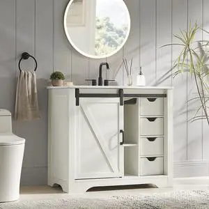 Farmhouse Bathroom Vanity with Sink Combo, 36" Sliding Barn Door Bathroom Vanities w/Ceramic Basin & 4 Drawers, Freestanding Thicken Single Sink Cabinet w/Adjustable Shelve (White) Farmhouse Bathroom Vanity with Sink Combo, 36" Sliding Barn Door Bathroom Vanities w/Ceramic Basin & 4 Drawers, Freestanding Thicken Single Sink Cabinet w/Adjustable Shelve (White)
