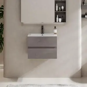 24" Wall Mounted Bathroom Vanity with Sink Combo Set, Floating Bathroom Storage Cabinet w/Bevelled Invisible Handles, 2 Drawers, Cement Grey (White Sink, Faucet Included) 24" Wall Mounted Bathroom Vanity with Sink Combo Set, Floating Bathroom Storage Cabinet w/Bevelled Invisible Handles, 2 Drawers, Cement Grey (White Sink, Faucet Included)