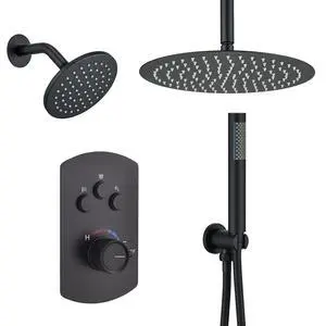 12 Inch Ceiling Mounted Black Shower System, Dual Rainfall Shower Head & High Pressure Handheld Spray Combo, 3-Function Luxury Shower Faucet Set for Bathroom, All Functions Work Simultaneously 12 Inch Ceiling Mounted Black Shower System, Dual Rainfall Shower Head & High Pressure Handheld Spray Combo, 3-Function Luxury Shower Faucet Set for Bathroom, All Functions Work Simultaneously