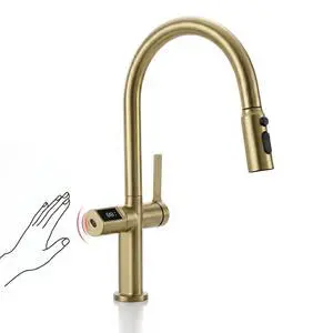 Touchless Pull-Out Kitchen Faucet, Hands Free Motion Sensor Activated, Battery-Free Temperature Display, KF2206 (Contemporary, Brushed Gold) Touchless Pull-Out Kitchen Faucet, Hands Free Motion Sensor Activated, Battery-Free Temperature Display, KF2206 (Contemporary, Brushed Gold)
