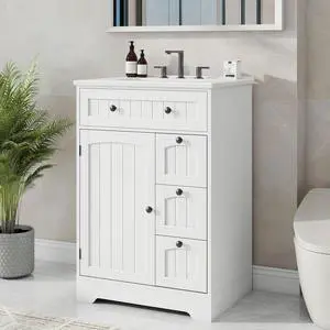 Bathroom Vanity with Sink Combo, Freestanding Bathroom Storage Cabinet with 4 Drawers and Sliding Door, Vintage Vanity Cabinet with Ceramic Sink, White Bathroom Vanity with Sink Combo, Freestanding Bathroom Storage Cabinet with 4 Drawers and Sliding Door, Vintage Vanity Cabinet with Ceramic Sink, White