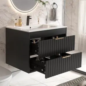 24" Bathroom Vanity with Sink, Floating Bathroom Vanity with 2 Fluted Drawers & Metal Handle, Wall Mounted Cabinets with Integrated Ceramic Sink for Apartment, Home, Black 24" Bathroom Vanity with Sink, Floating Bathroom Vanity with 2 Fluted Drawers & Metal Handle, Wall Mounted Cabinets with Integrated Ceramic Sink for Apartment, Home, Black