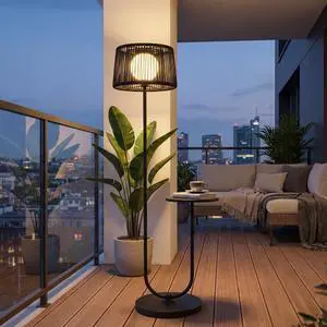 Modern U-Shaped Outdoor Patio Floor Lamp with Side Table, Black | 3000K warm white glow; IP65-rated waterproof design; metal frame; space-saving 13.75 in base; 55.75 in height Modern U-Shaped Outdoor Patio Floor Lamp with Side Table, Black | 3000K warm white glow; IP65-rated waterproof design; metal frame; space-saving 13.75 in base; 55.75 in height
