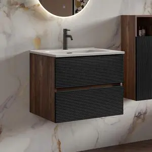 24 Walnut & Black Floating Bathroom Vanity with Sink, Mid-Century Modern Bathroom Cabinet with Soft Close & Large Storage Drawers, for Small Space, Apartment, Hotel 24 Walnut & Black Floating Bathroom Vanity with Sink, Mid-Century Modern Bathroom Cabinet with Soft Close & Large Storage Drawers, for Small Space, Apartment, Hotel
