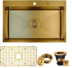 Strictly Sinks Dual Mount Kitchen Sink 33 Inch 16 Gauge Embossed Hexagon Texture Kitchen Sink with Grid, 1 Strainer Drain, 1 Garbage Disposal Adapter & Clips (Gold) Strictly Sinks Dual Mount Kitchen Sink 33 Inch 16 Gauge Embossed Hexagon Texture Kitchen Sink with Grid, 1 Strainer Drain, 1 Garbage Disposal Adapter & Clips (Gold)
