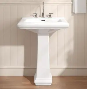 26"W x 20"D Large Bathroom Pedestal Sink, Glossy White Vitreous China, Ceramic Porcelain, 3 Pre-Drilled Faucet Holes for 8-Inch Widespread, Built-in Overflow 26"W x 20"D Large Bathroom Pedestal Sink, Glossy White Vitreous China, Ceramic Porcelain, 3 Pre-Drilled Faucet Holes for 8-Inch Widespread, Built-in Overflow
