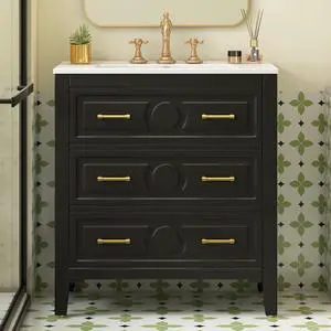 30" Bathroom Vanity with Sink Top, 3-Drawer Bathroom Vanity Storage Cabinet with Gold Pulls, Tip-Out Drawer, Solid Wood Frame Bath Storage Vanity with Ceramic Sink 30" Bathroom Vanity with Sink Top, 3-Drawer Bathroom Vanity Storage Cabinet with Gold Pulls, Tip-Out Drawer, Solid Wood Frame Bath Storage Vanity with Ceramic Sink