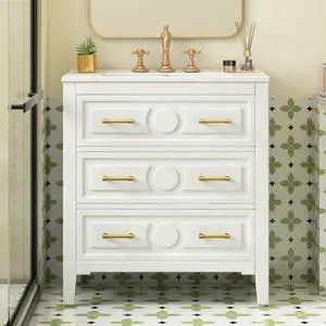 30" Bathroom Vanity with Sink Top, 3-Drawer Bathroom Vanity Storage Cabinet with Gold Pulls, Tip-Out Drawer, Solid Wood Frame Bath Storage Vanity with Ceramic Sink 30" Bathroom Vanity with Sink Top, 3-Drawer Bathroom Vanity Storage Cabinet with Gold Pulls, Tip-Out Drawer, Solid Wood Frame Bath Storage Vanity with Ceramic Sink