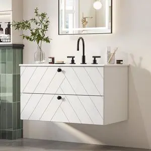 30" Floating Bathroom Vanity with Sink Combo, Modern Wall Mounted Bathroom Vanity with Sink, Bathroom Sink Cabinet with 2 Fluted Drawers, Undermount White Sink 30" Floating Bathroom Vanity with Sink Combo, Modern Wall Mounted Bathroom Vanity with Sink, Bathroom Sink Cabinet with 2 Fluted Drawers, Undermount White Sink