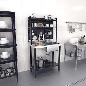 67'' Commercial Sink with Drainboard and Adjustable Shelves Pegboard for Hanging Tools, 304 Stainless Steel Table Freestanding Utility Counter Restaurant, Garage Silver & Black 1 67'' Commercial Sink with Drainboard and Adjustable Shelves Pegboard for Hanging Tools, 304 Stainless Steel Table Freestanding Utility Counter Restaurant, Garage Silver & Black 1