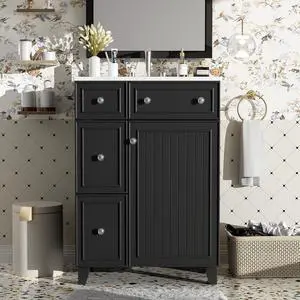 24-Inch Bathroom Vanity Cabinet with Ceramic Sink, 2 Drawers, 1 Door, Black 24-Inch Bathroom Vanity Cabinet with Ceramic Sink, 2 Drawers, 1 Door, Black