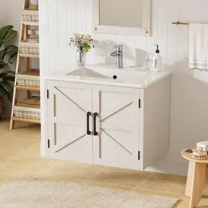 24" Floating Bathroom Vanity with Sink, Farmhouse Bathroom Vanities with Ceramic Sink & 2 Cabinets, Wall Mounted Bathroom Sink Cabinet with Adjustable Shelf, No Faucet (Off White) 24" Floating Bathroom Vanity with Sink, Farmhouse Bathroom Vanities with Ceramic Sink & 2 Cabinets, Wall Mounted Bathroom Sink Cabinet with Adjustable Shelf, No Faucet (Off White)