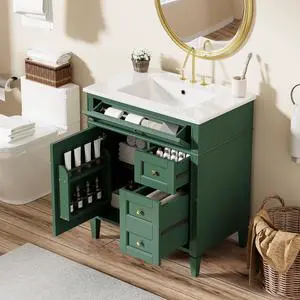 Modern 30" Bathroom Vanity with Sink, Bathroom Storage Cabinet with 2 Drawers, 1 Tip-Out Drawer and 1 Door, Freestanding Bathroom Vanities, Soft Closing, Solid Wood Frame Modern 30" Bathroom Vanity with Sink, Bathroom Storage Cabinet with 2 Drawers, 1 Tip-Out Drawer and 1 Door, Freestanding Bathroom Vanities, Soft Closing, Solid Wood Frame