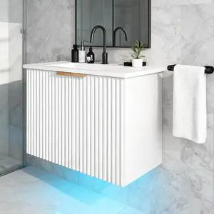 Bathroom Vanity with Sink, 30" Wall Mounted Floating Vanity Cabinet, Modern Bathroom Sinks with LED Light, Metal Handle & Double Soft-Close Doors, White Bathroom Vanity with Sink, 30" Wall Mounted Floating Vanity Cabinet, Modern Bathroom Sinks with LED Light, Metal Handle & Double Soft-Close Doors, White