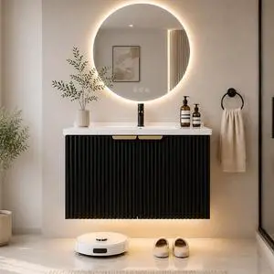 30" Floating Bathroom Vanity with Sink, Wall Mounted Bathroom Vanity Set with Fluted Doors, USB-Powered RGB LED Strip, Soft-Close Doors, Gold Handles, Black 30" Floating Bathroom Vanity with Sink, Wall Mounted Bathroom Vanity Set with Fluted Doors, USB-Powered RGB LED Strip, Soft-Close Doors, Gold Handles, Black