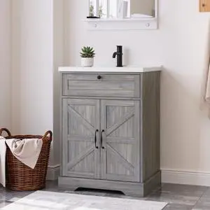 23.62" Bathroom Vanity with Ceramic Sink, Farmhouse Bathroom Vanity Cabinet with Barn Door & Drawer, Freestanding Floor Storage Cupboard with Sink Combo Set, Washed Grey 23.62" Bathroom Vanity with Ceramic Sink, Farmhouse Bathroom Vanity Cabinet with Barn Door & Drawer, Freestanding Floor Storage Cupboard with Sink Combo Set, Washed Grey
