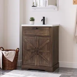 23.62" Bathroom Vanity with Ceramic Sink, Farmhouse Bathroom Vanity Cabinet with Barn Door & Drawer, Freestanding Floor Storage Cupboard with Sink Combo Set, Walnut Color 23.62" Bathroom Vanity with Ceramic Sink, Farmhouse Bathroom Vanity Cabinet with Barn Door & Drawer, Freestanding Floor Storage Cupboard with Sink Combo Set, Walnut Color
