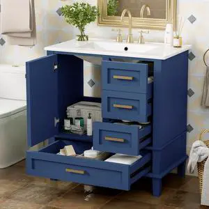 30" Bathroom Vanity with Sink, Bathroom Vanities 30 Inch with Top, Single Sink Bathroom Vanity with 3 Drawers and 1 Soft Closing Door, 30 Restroom Vanity with Cuntertop Sink (Blue) 30" Bathroom Vanity with Sink, Bathroom Vanities 30 Inch with Top, Single Sink Bathroom Vanity with 3 Drawers and 1 Soft Closing Door, 30 Restroom Vanity with Cuntertop Sink (Blue)