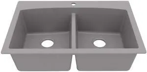 QT-710 33 Inch Top Mount Double Bowl Kitchen Sink, 50/50 Low Divide Quartz Composite Drop-In Sink, Rear Drain, Heat and Scratch Resistant, Grey QT-710 33 Inch Top Mount Double Bowl Kitchen Sink, 50/50 Low Divide Quartz Composite Drop-In Sink, Rear Drain, Heat and Scratch Resistant, Grey