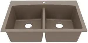 QT-710 33 Inch Top Mount Double Bowl Kitchen Sink, 50/50 Low Divide Quartz Composite Drop-In Sink, Rear Drain, Heat and Scratch Resistant, Concrete QT-710 33 Inch Top Mount Double Bowl Kitchen Sink, 50/50 Low Divide Quartz Composite Drop-In Sink, Rear Drain, Heat and Scratch Resistant, Concrete