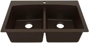 QT-710 33 Inch Top Mount Double Bowl Kitchen Sink, 50/50 Low Divide Quartz Composite Drop-In Sink, Rear Drain, Heat and Scratch Resistant, Brown QT-710 33 Inch Top Mount Double Bowl Kitchen Sink, 50/50 Low Divide Quartz Composite Drop-In Sink, Rear Drain, Heat and Scratch Resistant, Brown