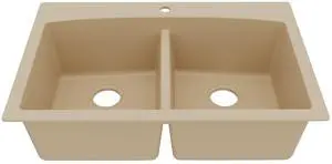 QT-710 33 Inch Top Mount Double Bowl Kitchen Sink, 50/50 Low Divide Quartz Composite Drop-In Sink, Rear Drain, Heat and Scratch Resistant, Bisque QT-710 33 Inch Top Mount Double Bowl Kitchen Sink, 50/50 Low Divide Quartz Composite Drop-In Sink, Rear Drain, Heat and Scratch Resistant, Bisque
