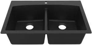 QT-710 33 Inch Top Mount Double Bowl Kitchen Sink, 50/50 Low Divide Quartz Composite Drop-In Sink, Rear Drain, Heat and Scratch Resistant, Black QT-710 33 Inch Top Mount Double Bowl Kitchen Sink, 50/50 Low Divide Quartz Composite Drop-In Sink, Rear Drain, Heat and Scratch Resistant, Black