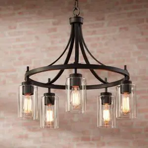 Caleb Bronze Wagon Wheel Pendant Chandelier 23 3/4" Wide Industrial Clear Glass 5-Light Fixture for Dining Room House Foyer Entryway Kitchen Bedroom Living Room High Ceilings Caleb Bronze Wagon Wheel Pendant Chandelier 23 3/4" Wide Industrial Clear Glass 5-Light Fixture for Dining Room House Foyer Entryway Kitchen Bedroom Living Room High Ceilings