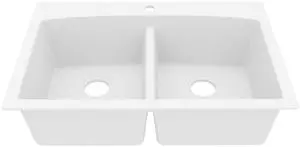 QT-710 33 Inch Top Mount Double Bowl Kitchen Sink, 50/50 Low Divide Quartz Composite Drop-In Sink, Rear Drain, Heat and Scratch Resistant, White QT-710 33 Inch Top Mount Double Bowl Kitchen Sink, 50/50 Low Divide Quartz Composite Drop-In Sink, Rear Drain, Heat and Scratch Resistant, White