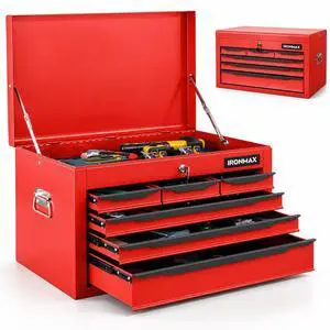 Large Metal Tool Box, Tool Box with 6 Drawers & Top Tray, Heavy-Duty Steel Tool Chest with Auto-Locking Drawers and Side Handles for Garage & Workbench, Red Large Metal Tool Box, Tool Box with 6 Drawers & Top Tray, Heavy-Duty Steel Tool Chest with Auto-Locking Drawers and Side Handles for Garage & Workbench, Red