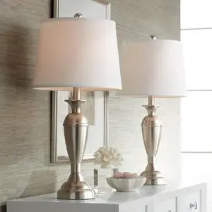 Blair Traditional 3-Way Table Lamps 25" Tall Set of 2 with Dimmers Brushed Nickel Metal Candlestick White Fabric Drum Shade for Bedroom Living Room House Bedside Blair Traditional 3-Way Table Lamps 25" Tall Set of 2 with Dimmers Brushed Nickel Metal Candlestick White Fabric Drum Shade for Bedroom Living Room House Bedside