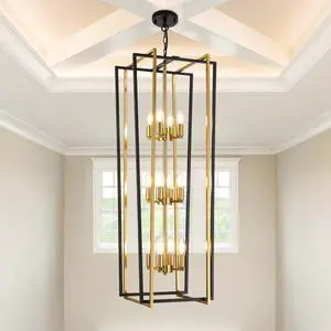 Stylish 12-Light Tiered Lantern Pendant Light Fixtures - Majestic Large Foyer Chandeliers for High Ceilings, Black & Gold Long Chandeliers Perfect for Your Farmhouse Entryway! Stylish 12-Light Tiered Lantern Pendant Light Fixtures - Majestic Large Foyer Chandeliers for High Ceilings, Black & Gold Long Chandeliers Perfect for Your Farmhouse Entryway!