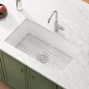 30" x 18" Undermount Fireclay Dual Mount Deep Single Bowl Kitchen Sink - White with Bottom Grid and Strainer Drain 30" x 18" Undermount Fireclay Dual Mount Deep Single Bowl Kitchen Sink - White with Bottom Grid and Strainer Drain