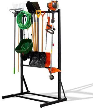 Freestanding Tool Storage Rack, Garage Floor Stand, Adjustable Garden Tool Organizer, Industrial Steel Freestanding Tool Storage Rack, Garage Floor Stand, Adjustable Garden Tool Organizer, Industrial Steel