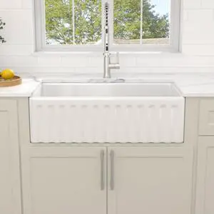 33x18 White Farmhouse Sink, Reversible Apron Front Kitchen Sink, Ceramic Fireclay, Double-Sided Front Design with Smooth & Fluted Pattern, Large Single Bowl #DC-NFS2540001 33x18 White Farmhouse Sink, Reversible Apron Front Kitchen Sink, Ceramic Fireclay, Double-Sided Front Design with Smooth & Fluted Pattern, Large Single Bowl #DC-NFS2540001