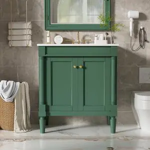 30 Inch Small Bathroom Vanity with Sink and 2-Door Cabinet, Modern Bathroom Storage Cabinet with Adjustable Shelf and Soft-Close Door, Solid Wood Frame(Green) 30 Inch Small Bathroom Vanity with Sink and 2-Door Cabinet, Modern Bathroom Storage Cabinet with Adjustable Shelf and Soft-Close Door, Solid Wood Frame(Green)