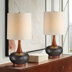 Andi Mid Century Modern Table Lamps 24 1/2" Tall Set of 2 Brown Hammered Ceramic Red Oak Wood Off-White Fabric Shade for Cottage Core Bedroom Living Room Bedside Nightstand House Home Andi Mid Century Modern Table Lamps 24 1/2" Tall Set of 2 Brown Hammered Ceramic Red Oak Wood Off-White Fabric Shade for Cottage Core Bedroom Living Room Bedside Nightstand House Home