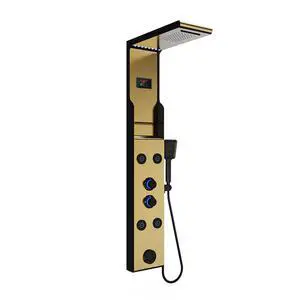 LED Rainfall Shower Head and Rain Massage System with Body Jets Stainless Steel Bathroom Shower Panel Tower System with Shelf, Brushed Gold&Black LED Rainfall Shower Head and Rain Massage System with Body Jets Stainless Steel Bathroom Shower Panel Tower System with Shelf, Brushed Gold&Black