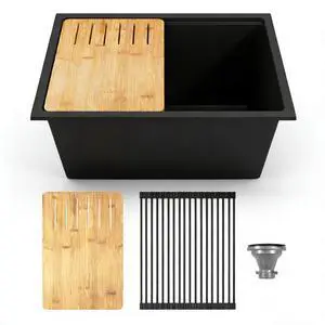 Black Undermount Kitchen Sink 25 Inch, Single Bowl Granite Composite Kitchen Sink with Integrated Ledge Black Undermount Kitchen Sink 25 Inch, Single Bowl Granite Composite Kitchen Sink with Integrated Ledge