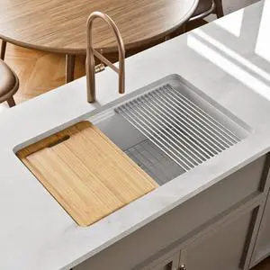 30 Inch White Undermount Kitchen Sink, 30"L x 19"W Fireclay Workstation Kitchen Sink Includes Cutting Board and Drying Rack, Deep Single Bowl, Dual Mount 30 Inch White Undermount Kitchen Sink, 30"L x 19"W Fireclay Workstation Kitchen Sink Includes Cutting Board and Drying Rack, Deep Single Bowl, Dual Mount