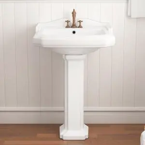 23"W x 19"D Bathroom Pedestal Sink with Backsplash, White Porcelain Ceramic, 3 Pre-Drilled Faucet Holes for 4-Inch Centerset, Vitreous China, Built-in Overflow 23"W x 19"D Bathroom Pedestal Sink with Backsplash, White Porcelain Ceramic, 3 Pre-Drilled Faucet Holes for 4-Inch Centerset, Vitreous China, Built-in Overflow