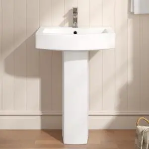 23"W x 18"D Space-Saving Bathroom Pedestal Sink, Vitreous China Ceramic in White Porcelain, Single Pre-Drilled Hole, Built-in Overflow 23"W x 18"D Space-Saving Bathroom Pedestal Sink, Vitreous China Ceramic in White Porcelain, Single Pre-Drilled Hole, Built-in Overflow
