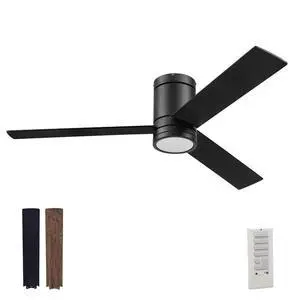 Espy Modern 52 Inch Ceiling Fan with Light, LED, Remote Control, Flush Mount Indoor Fan with 3 Blades, Matte Black and Honey Birch Blade Finish Options, Matte Black (51464-01) Espy Modern 52 Inch Ceiling Fan with Light, LED, Remote Control, Flush Mount Indoor Fan with 3 Blades, Matte Black and Honey Birch Blade Finish Options, Matte Black (51464-01)