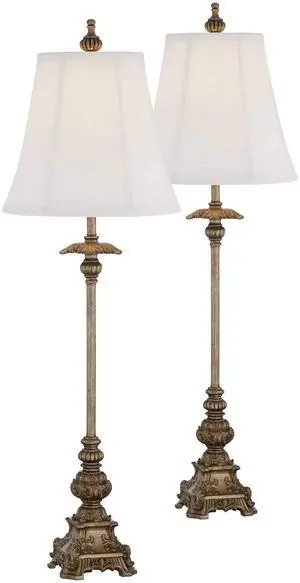 Juliette Traditional French Country Style Buffet Table Lamps 36.5" Tall Skinny Set of 2 Antique Gold Ornate Base White Fabric Bell Shade Decor for Living Room House Home Dining Juliette Traditional French Country Style Buffet Table Lamps 36.5" Tall Skinny Set of 2 Antique Gold Ornate Base White Fabric Bell Shade Decor for Living Room House Home Dining